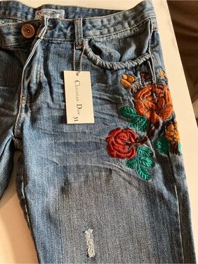 Dior Skinny Blue Jeans with Red & Orange Floral Embroidery